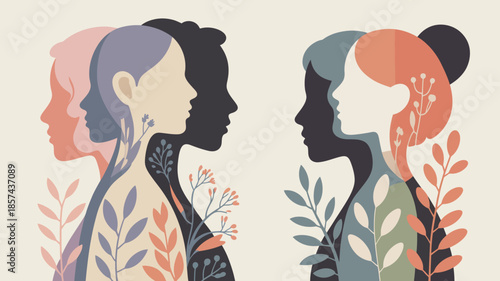 Diverse female profiles with plants and leaves growing inside their bodies symbolizing connection