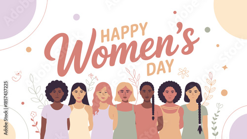 Diverse group of happy women standing together with a prominent Happy Womens Day message