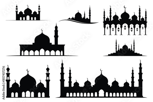 Black and white mosque silhouettes with domes and minarets