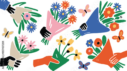 Diverse hands hold vibrant flower bouquets surrounded by small flying butterflies against a clean white backdrop