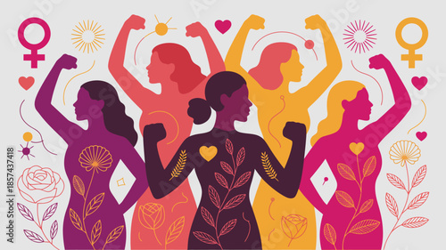 Diverse women stand united showing strength and solidarity with empowering symbols