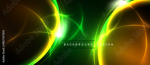Abstract design features vibrant green, yellow glows against dark backdrop. Curved lines create dynamic visual effect. Modern, energetic composition.