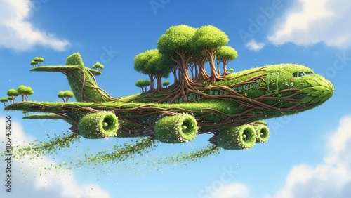Futuristic Green Aircraft Shaped as Lush Forest with Trees and Grass in Flight Against Blue Sky