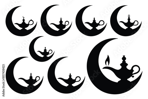 Black silhouettes of genie lamps against crescent moons