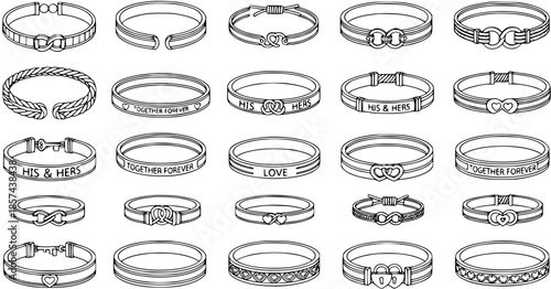 Romantic Couple Bracelets Line Art Icon Set: Vector Outline Collection of His  Hers, Infinity, Heart, Lock  Key Bangles for Love, Wedding, and Valentine's Day Jewelry Design  Fashion