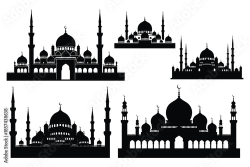 Black and white mosque silhouette with domes and minarets