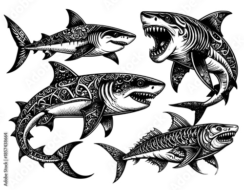 illustration vector set tatto shark black and white