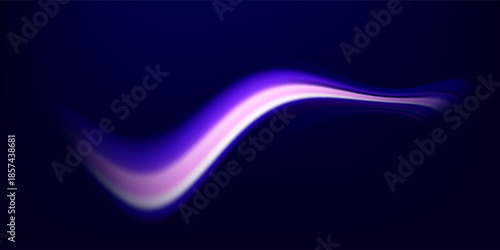 Abstract image of speed motion on the road. Vector glitter light fire flare trace. Dark blue abstract background with ultraviolet neon glow, blurry light lines, waves