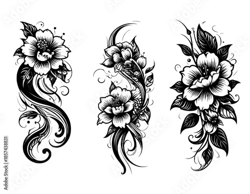 illustration vector set tatto flowers black and white