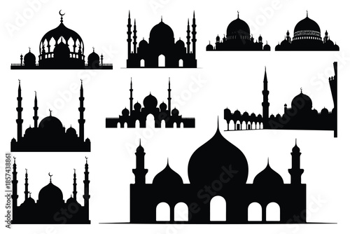 Black silhouettes of various mosque buildings with domes and minarets