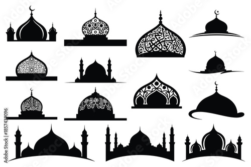 Black and white Islamic architecture silhouettes with domes and minarets