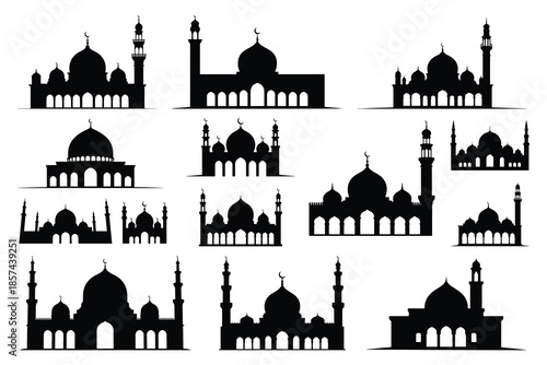 Black and white mosque silhouettes collection domes