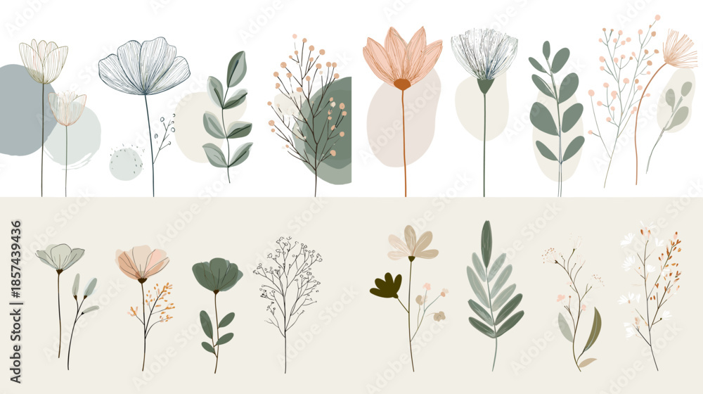 Obraz premium Minimal botanical illustration set featuring abstract flowers and leaves in soft neutral tones perfect for wall art stationery branding and modern nature inspired design