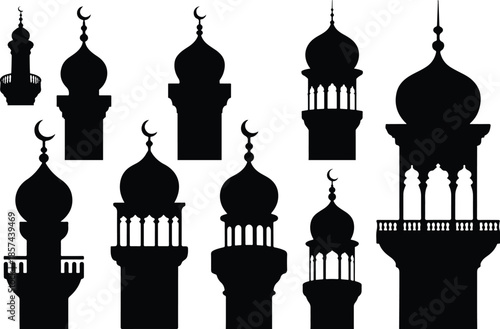 Black and white silhouettes of mosque domes and minarets with crescent moons