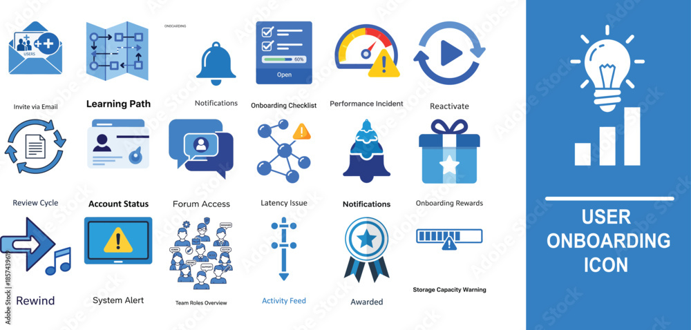Obraz premium Collection of blue and white onboarding with text labels invite email users learning
