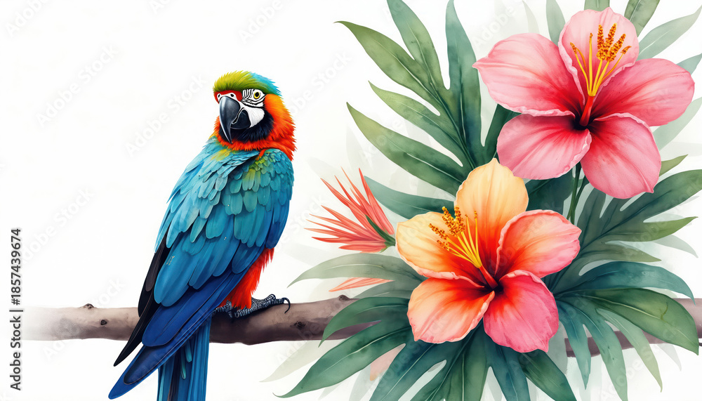 Obraz premium Bright blue and orange parrot sits on branch near vivid tropical flowers and green leaves. Watercolor art style features colorful exotic bird and flora.
