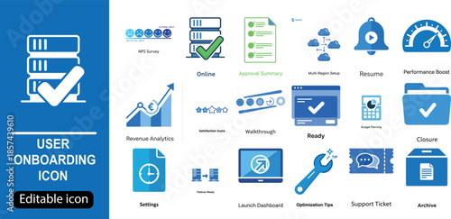 Collection of blue and green user onboarding with text labels