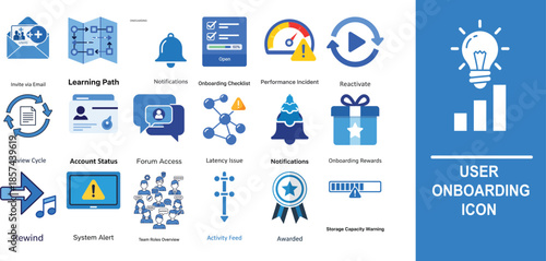 Collection of blue and white onboarding with text labels invite email users learning