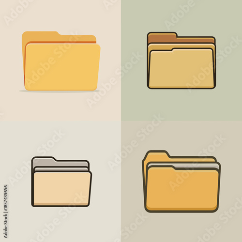 Minimal flat illustration set of file folders in warm yellow tones suitable for office organization document management interface design and digital productivity concepts