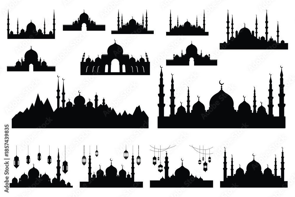 Obraz premium Black and white silhouette of mosque skyline with minarets and domes