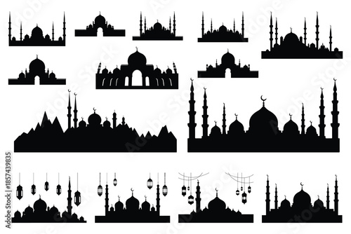 Black and white silhouette of mosque skyline with minarets and domes