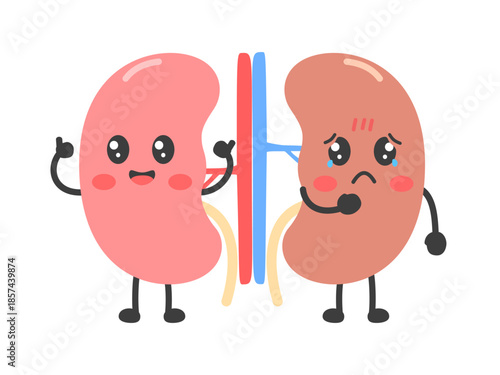 Healthy and unhealthy kidney mascot characters. Renal disease and kidney health concept. Vector illustration.