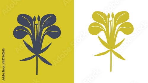 Mustard. Two silhouettes of blooming mustard flowers, isolated vector illustration. Suitable for icons, logos, printed materials, postcards, or design elements.