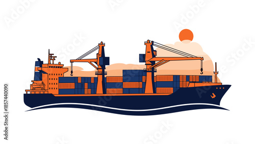 Cargo Ship with Containers and Cranes.
