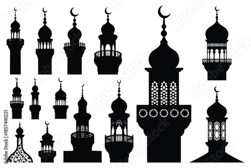 Black and white silhouettes of various minarets and domes