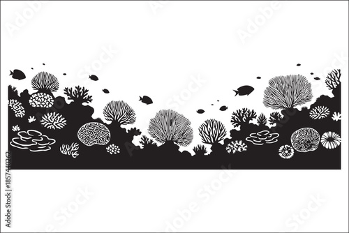Detailed Black and White Silhouette Illustration of Underwater Coral Reef Ecosystem with Fish and Marine Life
Minimalist Ocean Background Featuring Intricate Coral Reef and Seaweed fish vector design