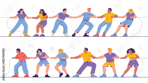 Dynamic illustration of diverse teams of people participating in a challenging tug of war