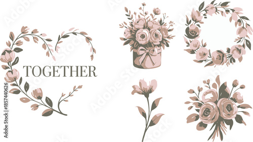 Elegant floral arrangements in muted pink and green tones, featuring a heart shaped wreath and TOGETHER text