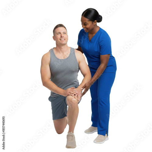 Professional physical therapist assisting patient, cutout isolated on a transparent background