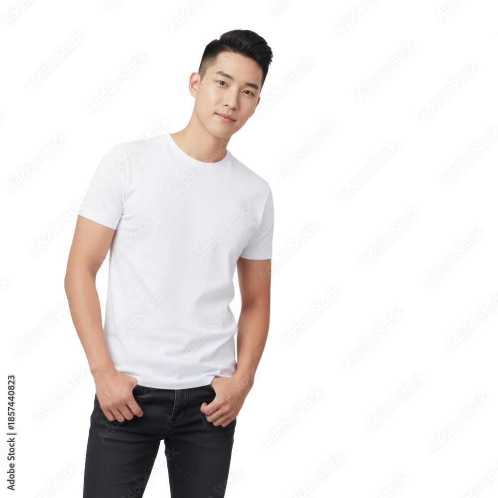 Fototapeta premium Confident Korean Asian man wearing white t-shirt with hands in pockets looks cool and casual for your brand