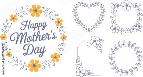 Elegant Happy Mothers Day text encircled by a floral wreath with various decorative botanical frames