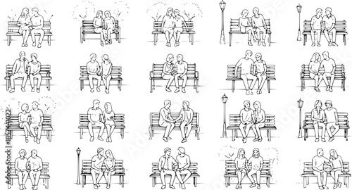 Black and White Line Art Set: Hand-Drawn Illustrations of People and Couples Sitting on Park Benches, Depicting Lifestyle, Relationships, Leisure, and Solitude in Public Spaces.