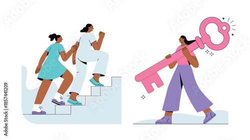 Empowered women ascend stairs with mutual support and another holds a giant key to unlock opportunities
