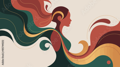 Elegant womans profile with long flowing colorful hair and dress in a graceful stylized composition