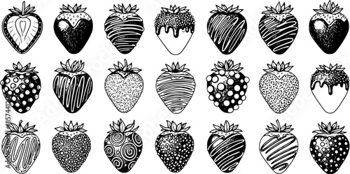 Black and White Line Art Hand-Drawn Decorative Strawberries Vector Set. Sweet Food, Dessert, and Culinary Illustrations with Unique Patterns and Chocolate Dip.