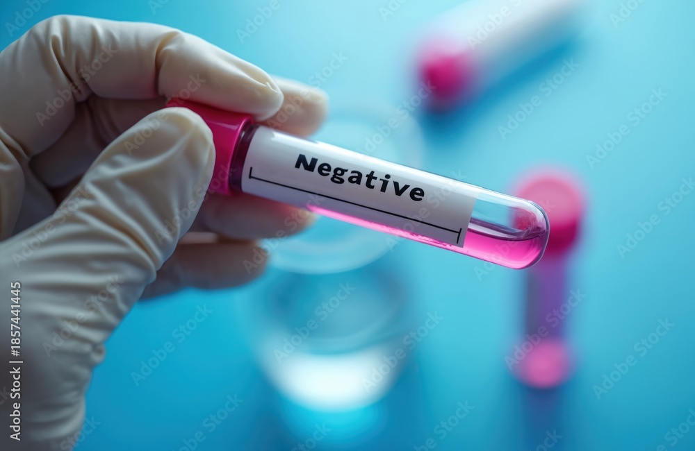 Obraz premium Gloved hand holds vial with negative test result for disease. Medical laboratory research for virus or illness detection. Accurate scientific diagnosis.