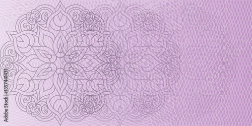 Lilac grunge background with ornate linear mandala pattern. Background for decoration invitation, cards, logos, cover, brochure, flyer, banner. Islam, arabic, Indian, ottoman motifs