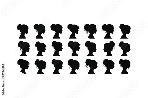 Set of Female Avatar Icons with Various Long Hair Braids and Bun Hairstyles