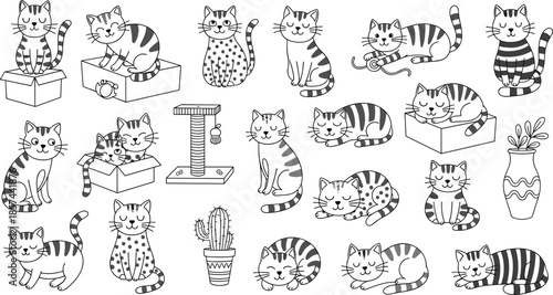 Collection of Cute Cartoon Kitten Character Sketches Featuring Adorable Cats in Various Poses Playing Sleeping and Sitting in Cardboard Boxes