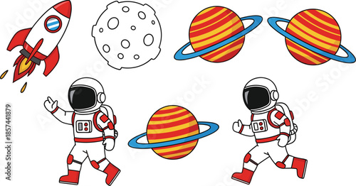 Colorful Cartoon Collection of Cute Astronauts Rocket Ship Saturn Like Planets and a Crater Moon Isolated on a White Background Vector