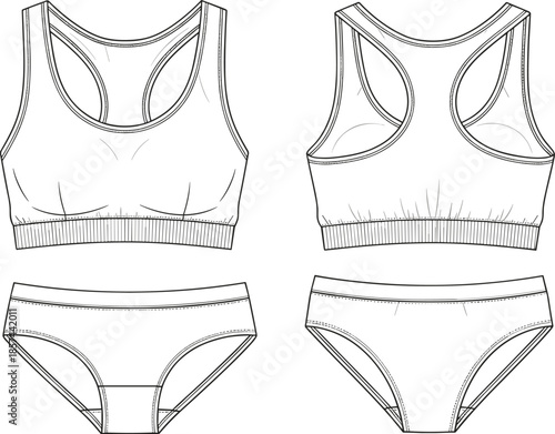 Technical Fashion Flat Sketch of a Women's Two Piece Activewear Set Featuring a Racerback Sports Bra and High Waisted Panties