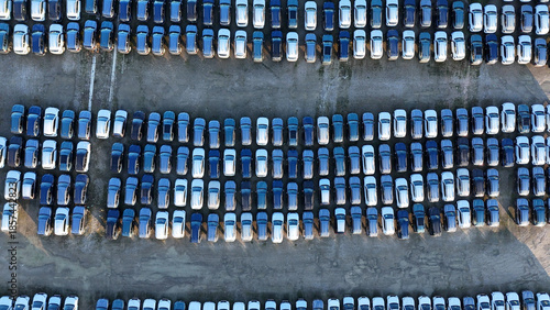 Картината върху платно Large parking area of orderly rows of new blue and white cars in an auto storage