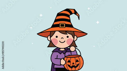 Cartoon Girl in Witch Hat Holding Pumpkin.