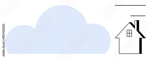 Cloud technology, smart home, data storage, connectivity, internet services, digital infrastructure. Blue cloud beside a house icon with chimney. Cloud technology and smart home concept