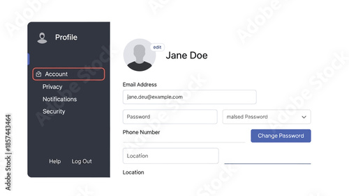 A user is shown editing their account information on a digital profile page, including fields for email, password, and phone number.