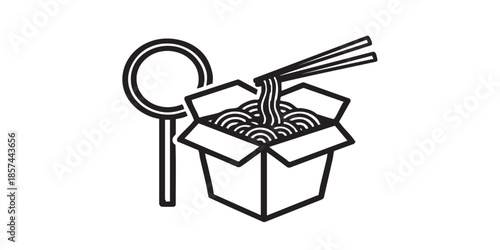 Noodles with chopsticks solid icon, japanese food concept. Vector graphics. Cardboard box with noodles, fastfood sign on white background, style icon mobile or web design.